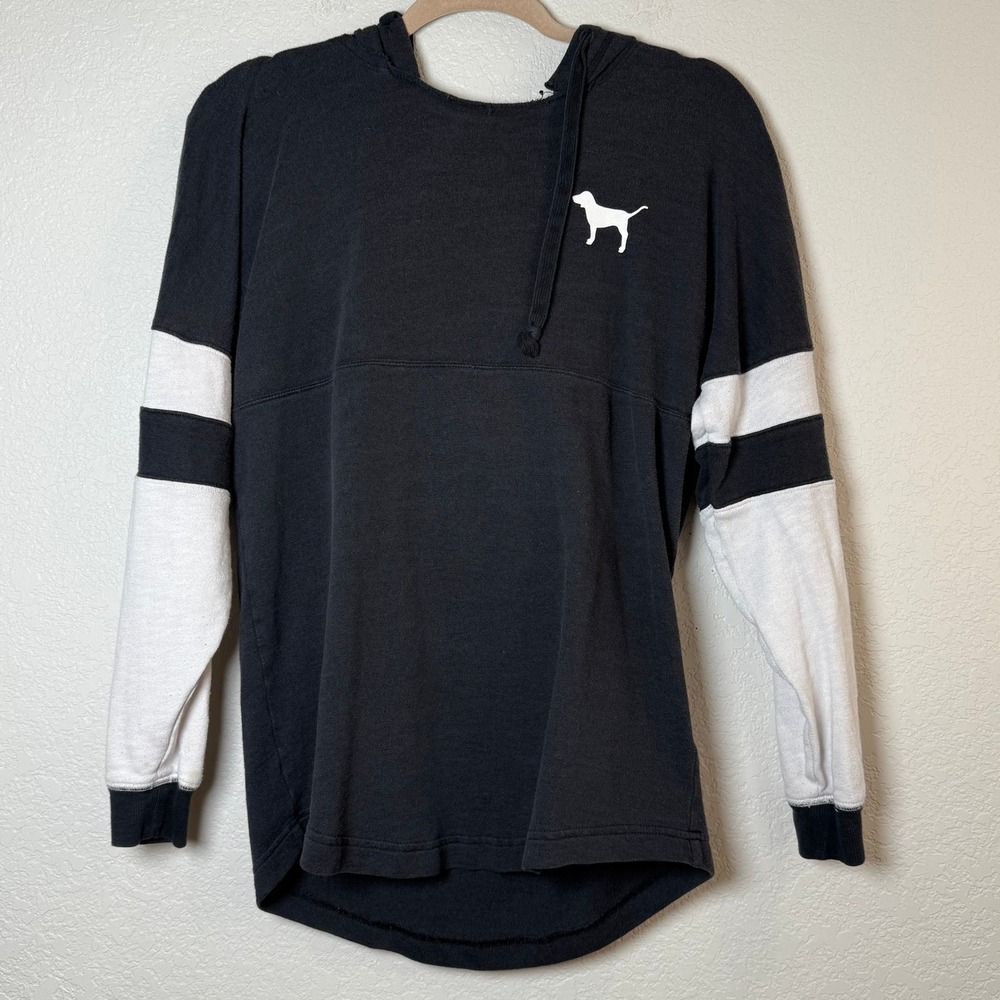 PINK Y2K Victoria's Secret Hoodie Black White Sleeve Stripe Dog‎ Logo Pullover